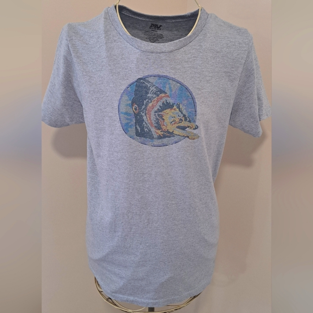 Y2K MC Sport T-shirt, shark with cat in mouth, size small.